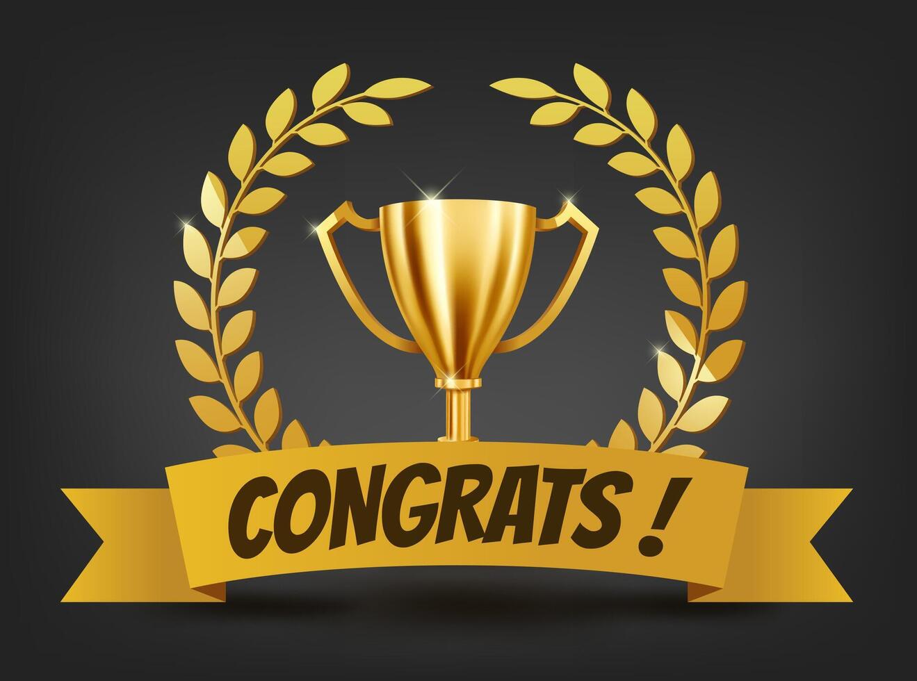 Realistic Golden Trophy with Gold Laurel Wreath and Congrats Text on Yellow Ribbon, Vector Illustration