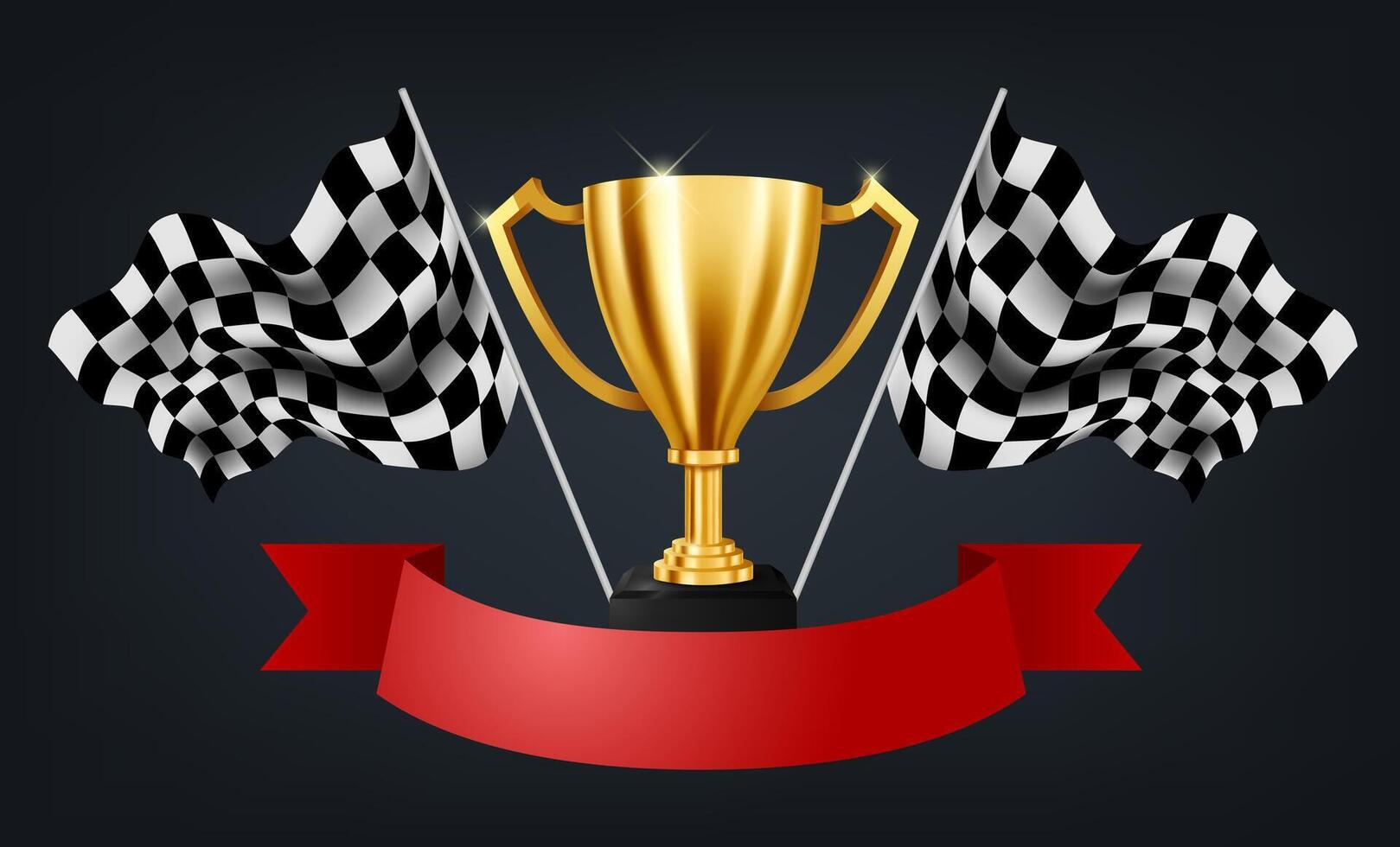 Realistic Golden Trophy with Checkered Flag Racing Championship Background and Red Ribbon, Vector Illustration