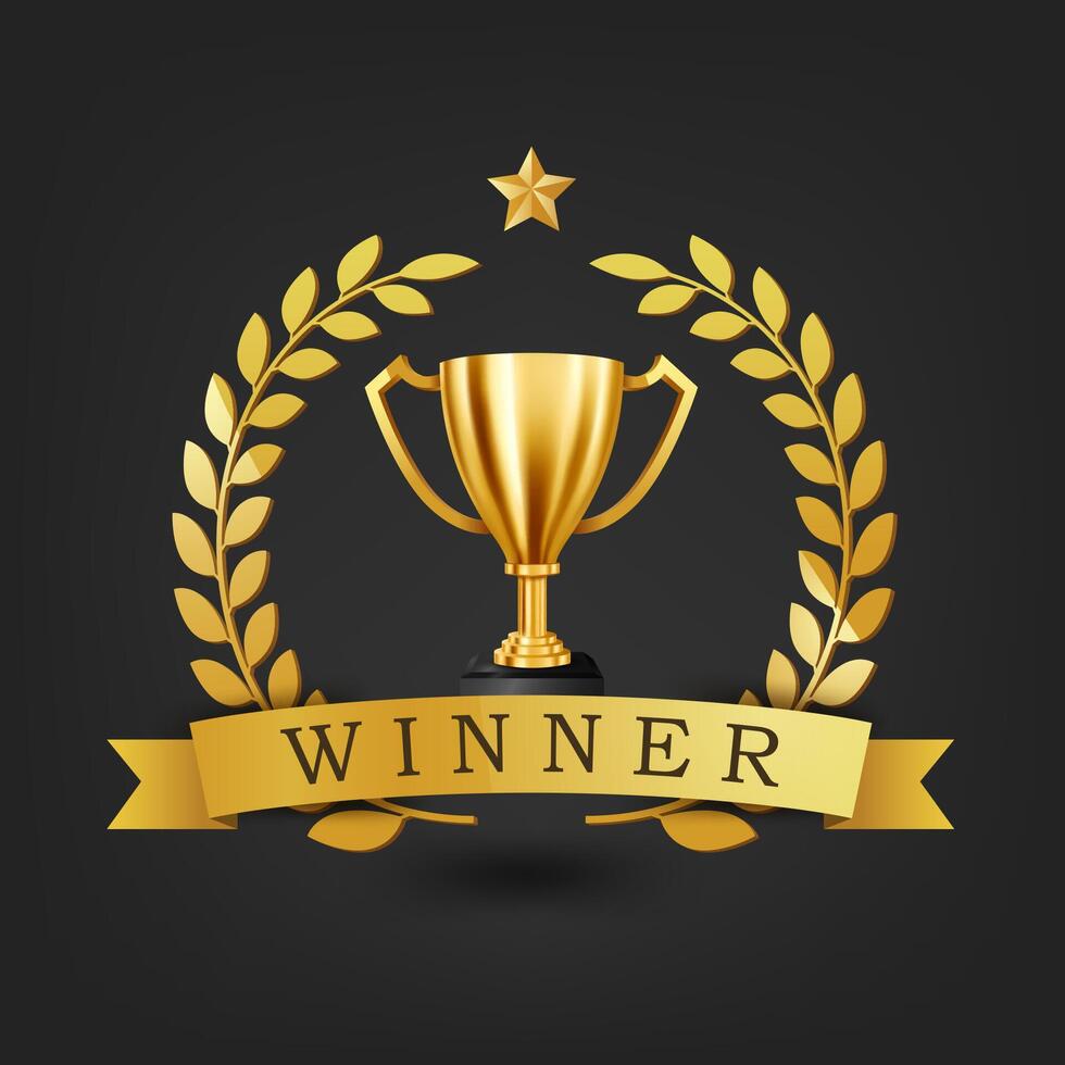 Realistic Golden Trophy with Gold Laurel Wreath and Winner Text on Gold Ribbon, Vector Illustration