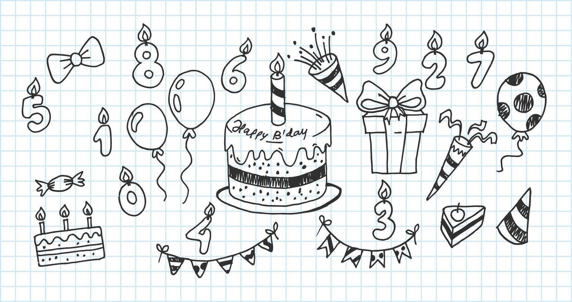 Artistic Collection of Hand Drawn Birthday Set. Isolated and Real Pen Sketch, Vector Illustration