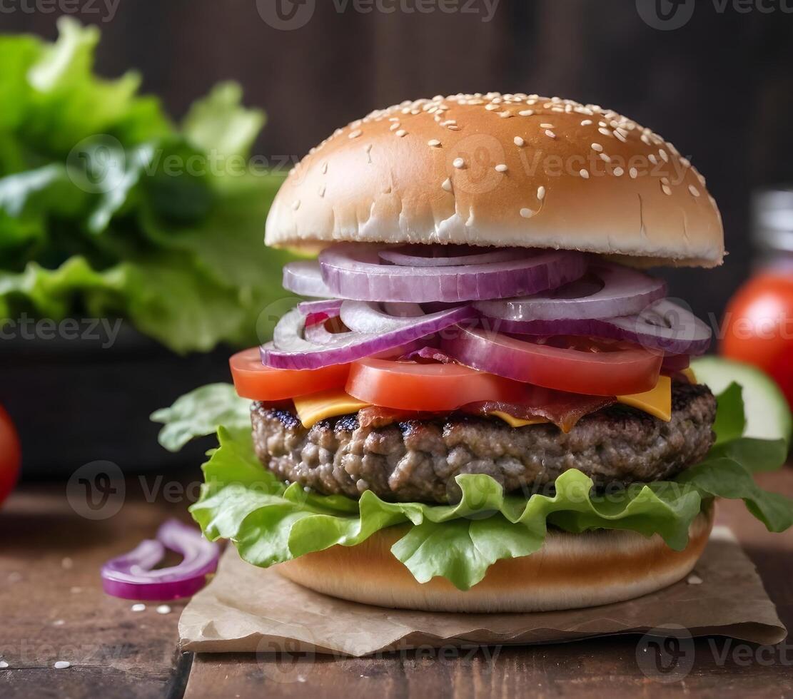 AI generated Close-up of a hamburger with sesame seed bun, lettuce, tomatoes, red onions, bacon, and a beef patty on a wooden surface with lettuce leaves in the background photo