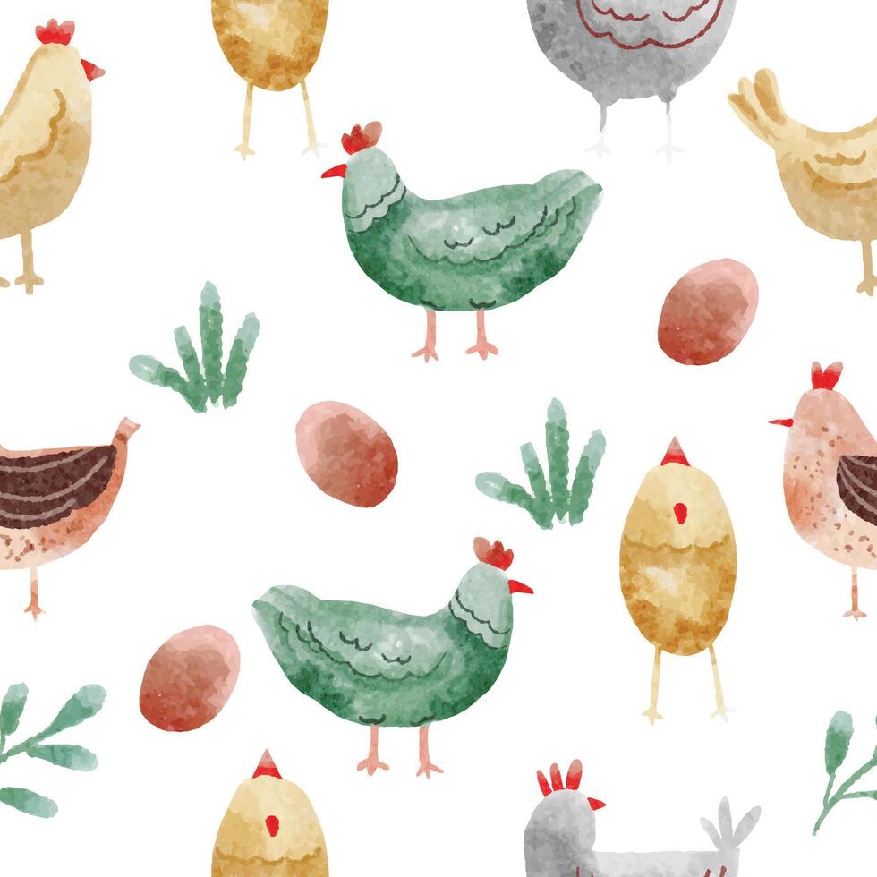 Cute Chicken Watercolor Seamless Pattern vector