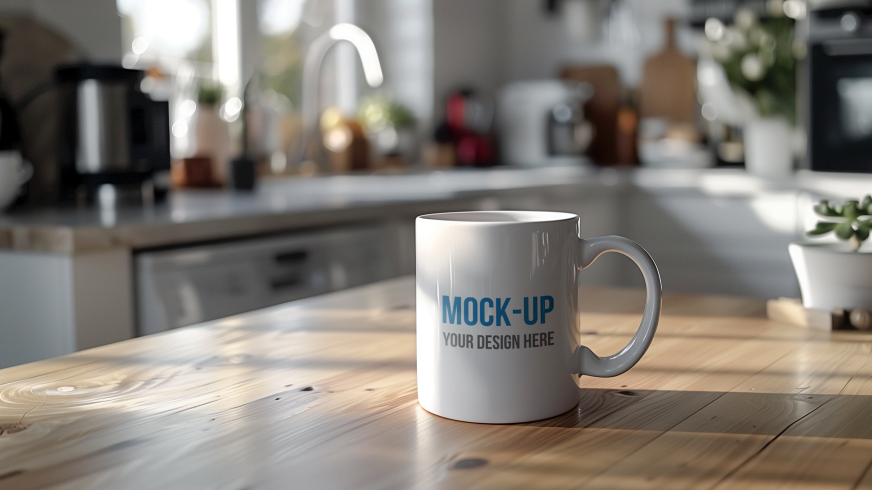a coffee mug on a kitchen counter mockup psd