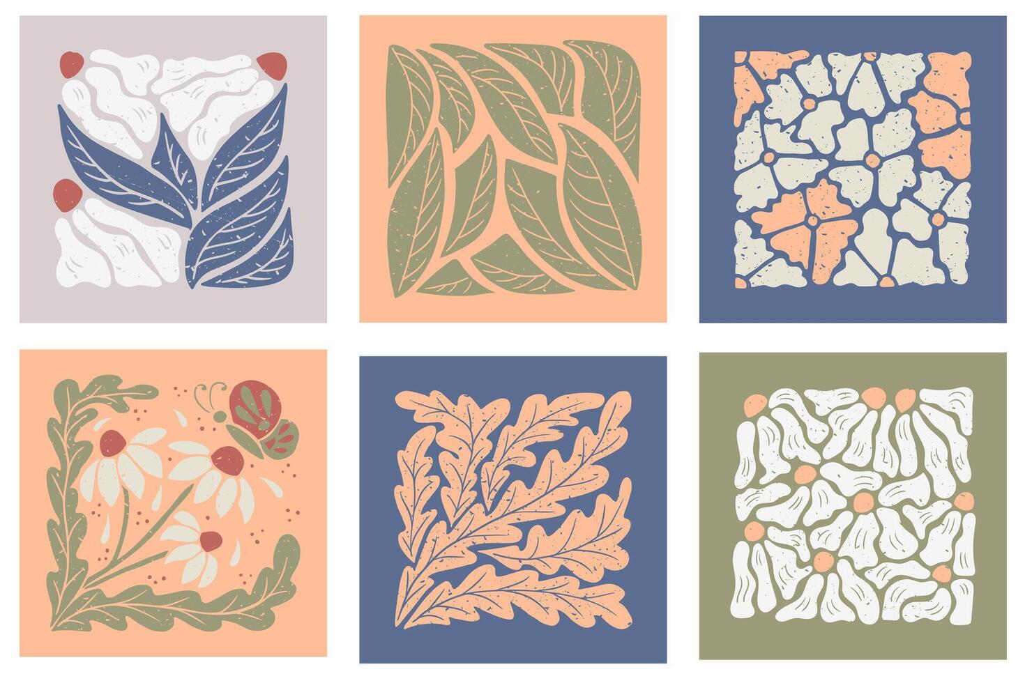 Set of square abstract floral compositions in trendy colors. Flat botanical illustration with grunge texture in peach colors. Ideal for home decoration, posters, t shirt print, social media vector