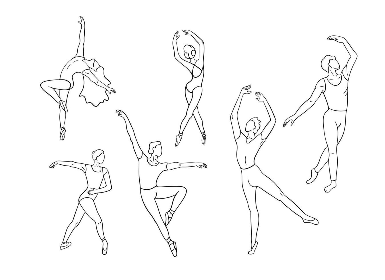 Hand drawn sketch outline set with dancing people. Black contour collection of women and men dancing classic dances, ballet. Sketch isolated drawings on white background for coloring pages, tattoo vector