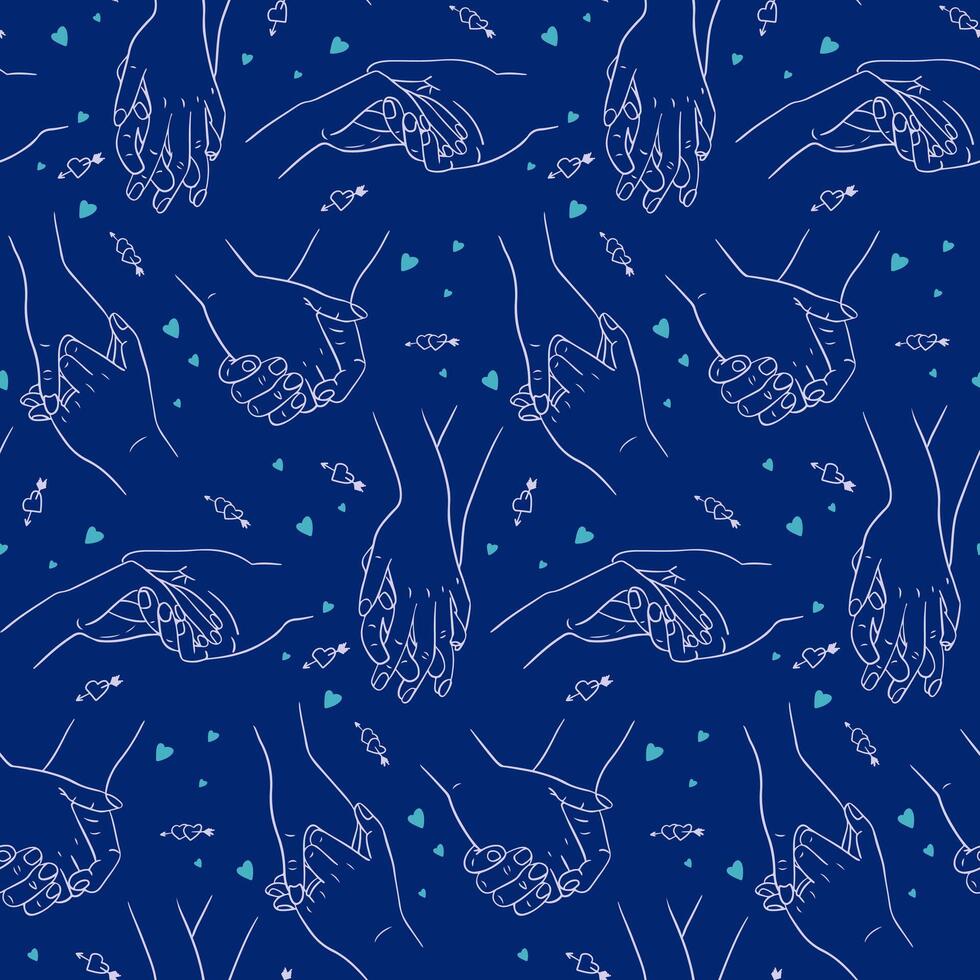 Two hands holding together. Outline seamless pattern. Love concept. Males and females hands of people in relationship. Unique print design for textile, wallpaper, wrapping vector