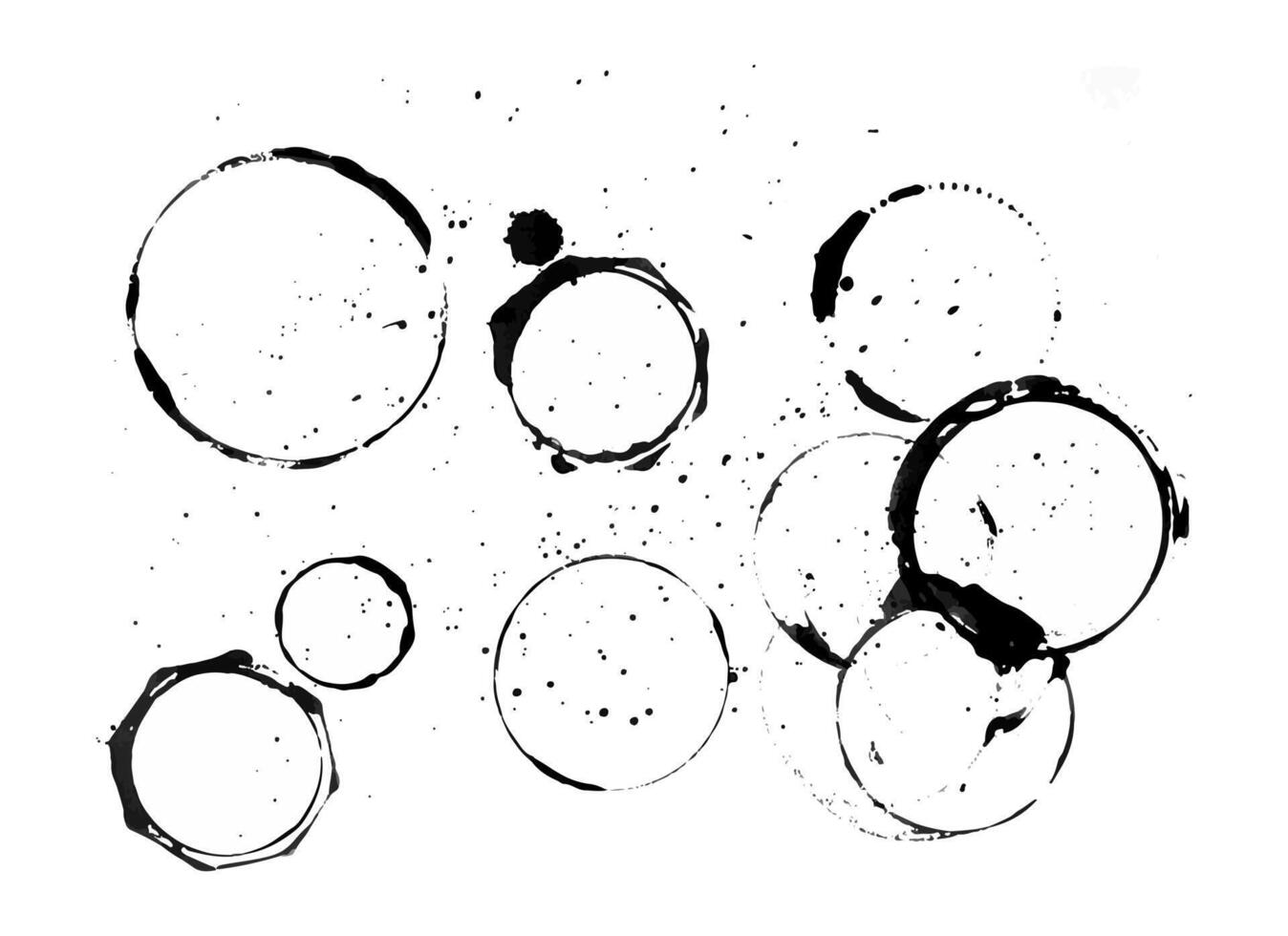 Paint prints of glasses and cups with paint splashes. Vector illustration for texture, background. Black paint isolated splashes on white background. Round form prints
