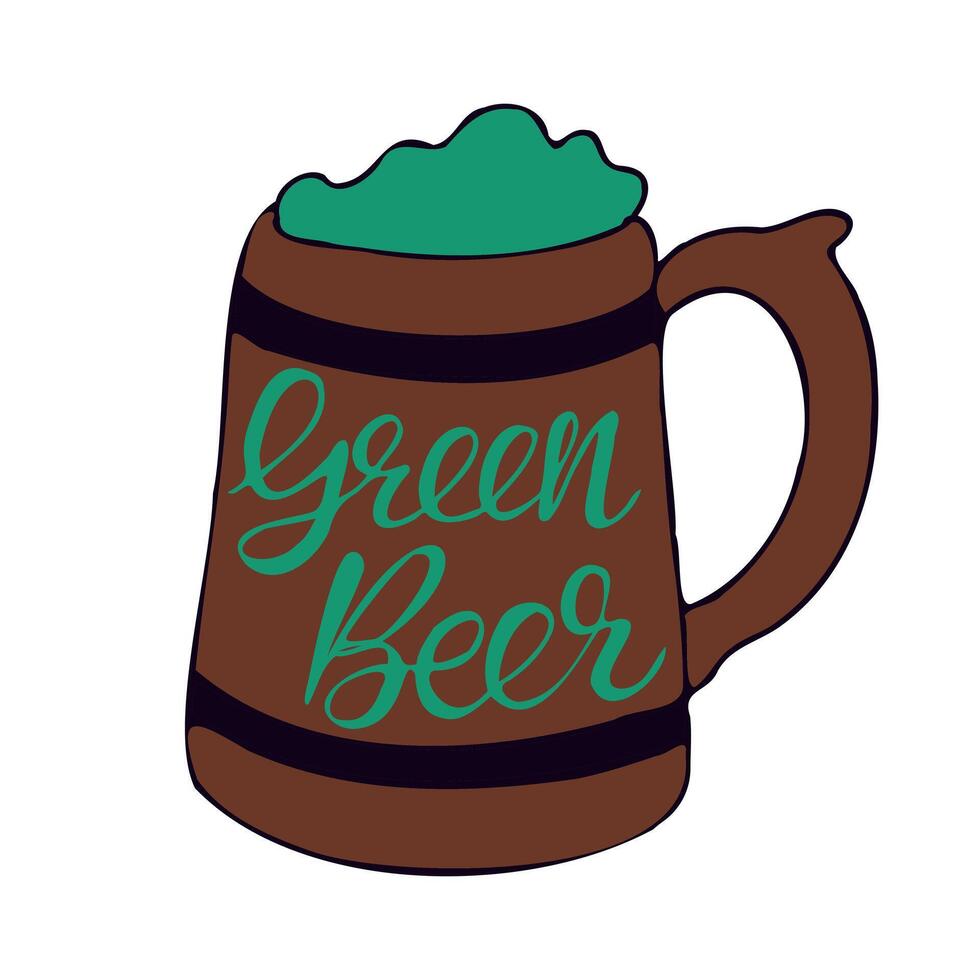 Green beer calligraphic lettering in beer mug. St Patricks day traditional concept. Irish traditional holiday. Unique hand drawn graphic for prints and cards. vector