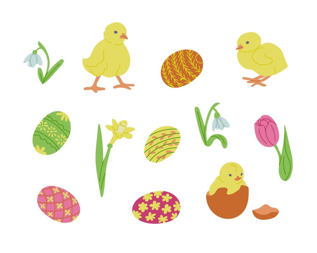 Easter collection with flat chicks, eggs and flowers. Spring concept. Sketchy hand drawn elements on white background. Ideal for decoration, stickers, greetings, banner and background vector