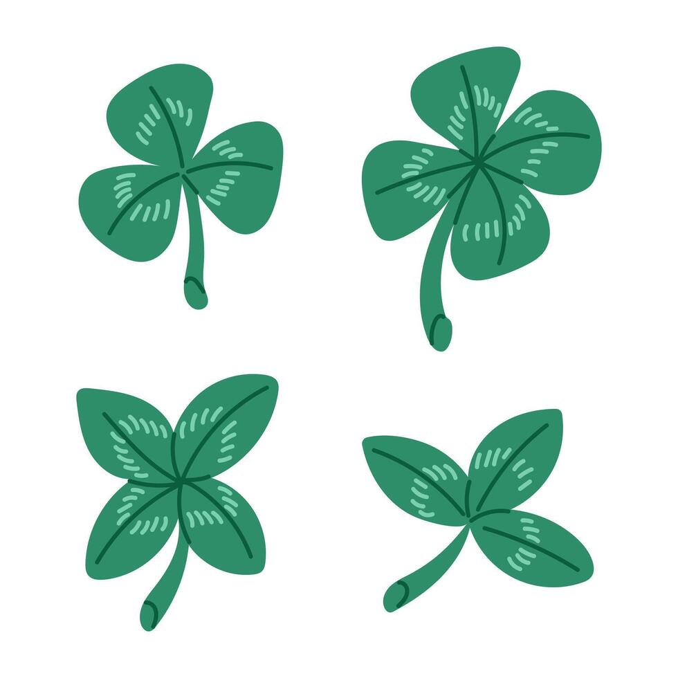 Flat hand drawn set of shamrock and clover leaves on white background. Irish traditional element. St Patricks Day decoration. Unique print design, decoration, stickers vector