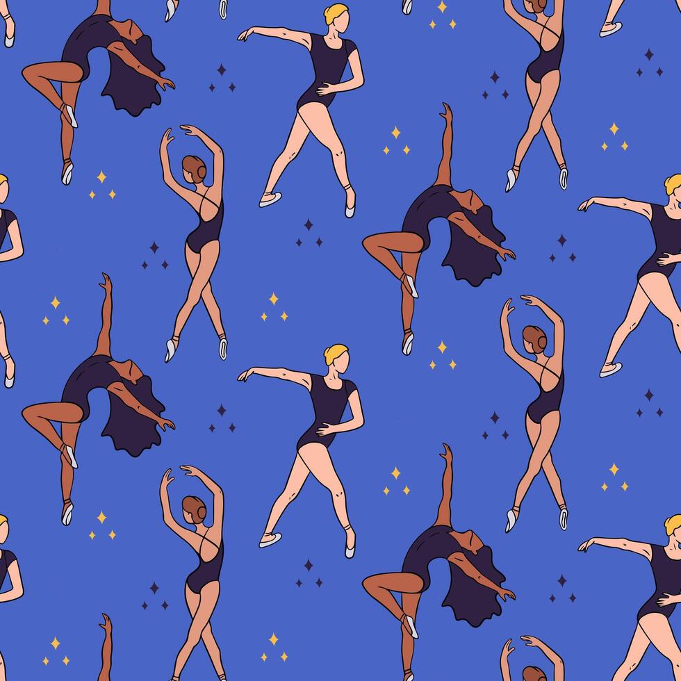 Seamless pattern with dancing ballerinas. Artistic concept on blue background. Flat hand drawn female silhouettes. Trendy print design for textile, wallpaper, wrapping vector