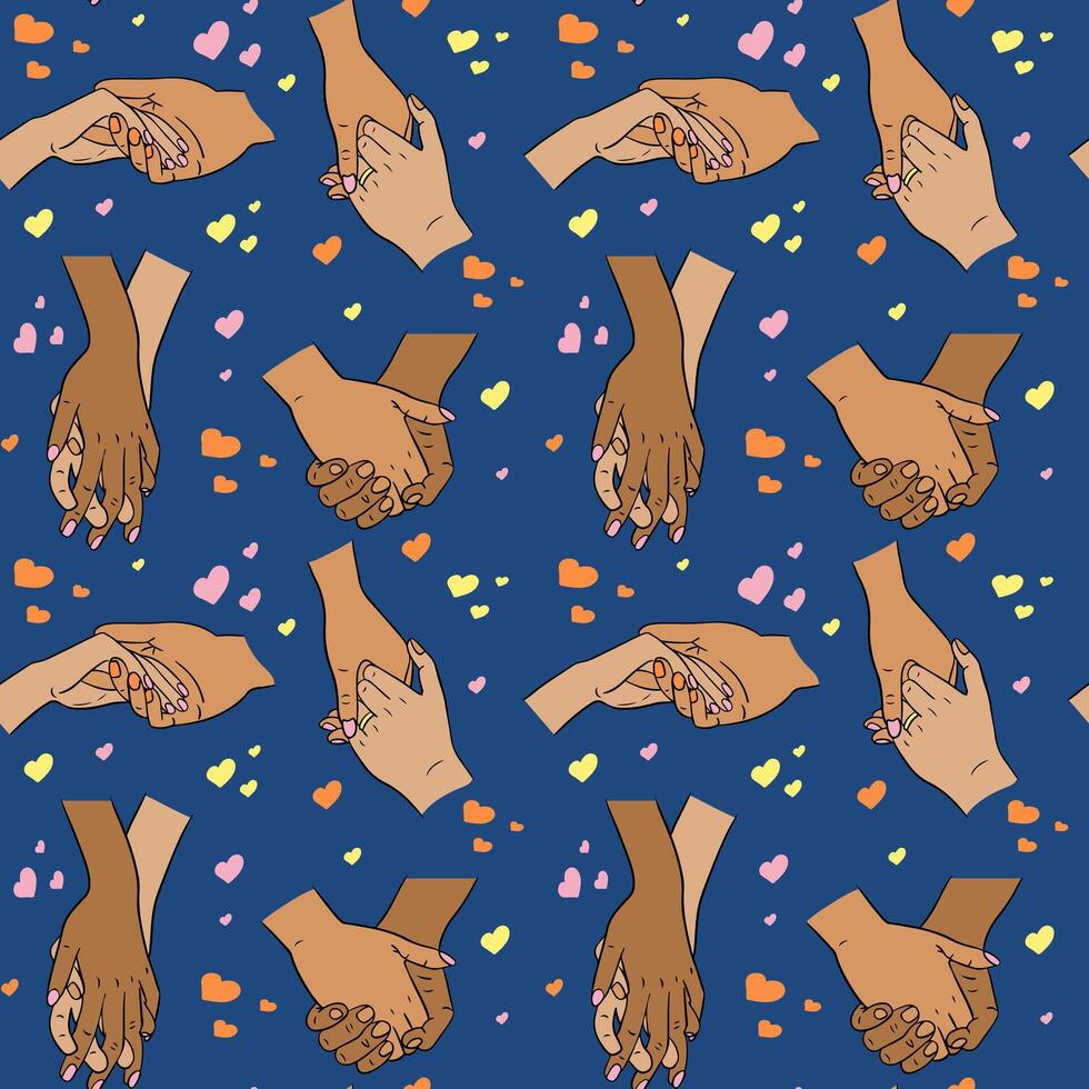 Flat bold pattern with hands holding together. Love concept. Males and females hands of people in relationship. Unique print design for textile, wallpaper, wrapping vector