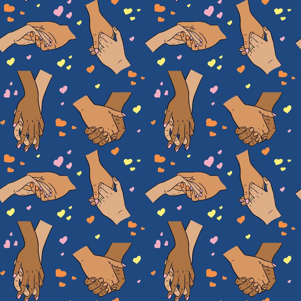 Flat bold pattern with hands holding together. Love concept. Males and females hands of people in relationship. Unique print design for textile, wallpaper, wrapping vector
