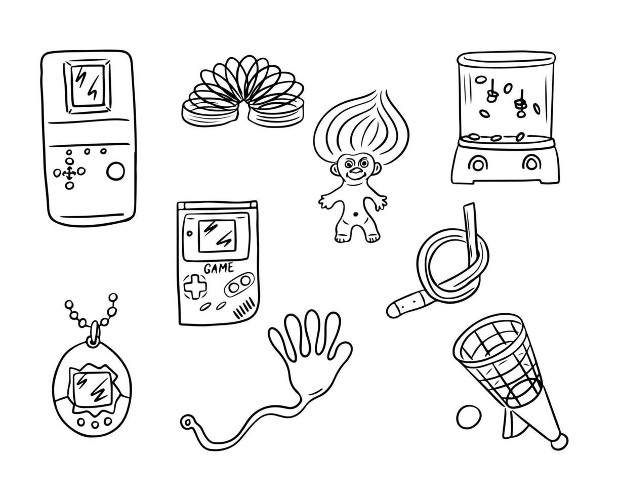 Vintage set of sketchy drawing of toys from 90s. Vector outline doodles of retro toys. Retro concept. Ideal for coloring pages, tattoo, pattern