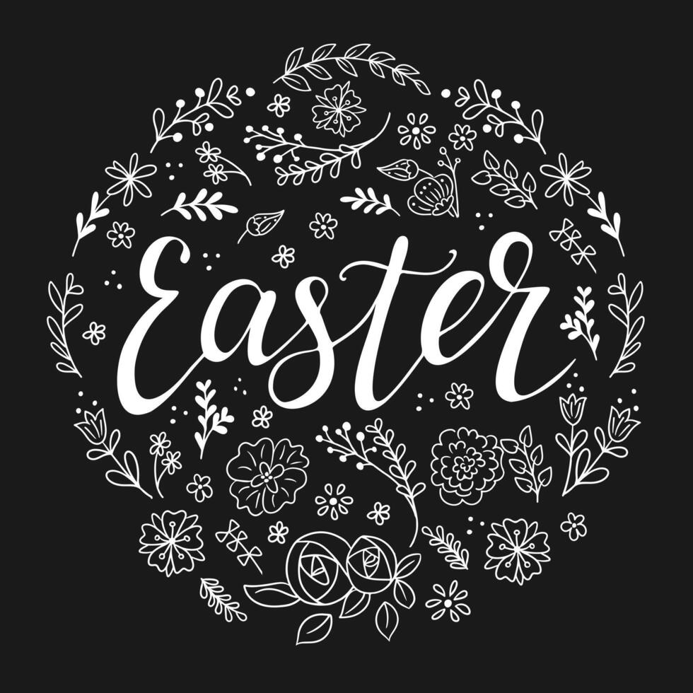 Easter doodle typographic illustration on dark background. Vector typography design for banner, poster, card. Word Easter with sketchy floral elements. Modern vector calligraphy isolated