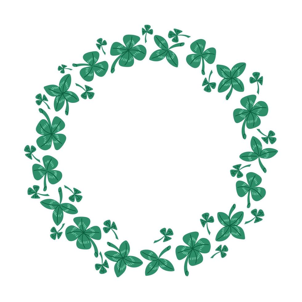 Flat hand drawn shamrock leaves wreath. Irish traditional element. St Patricks Day decoration. Unique print design vector