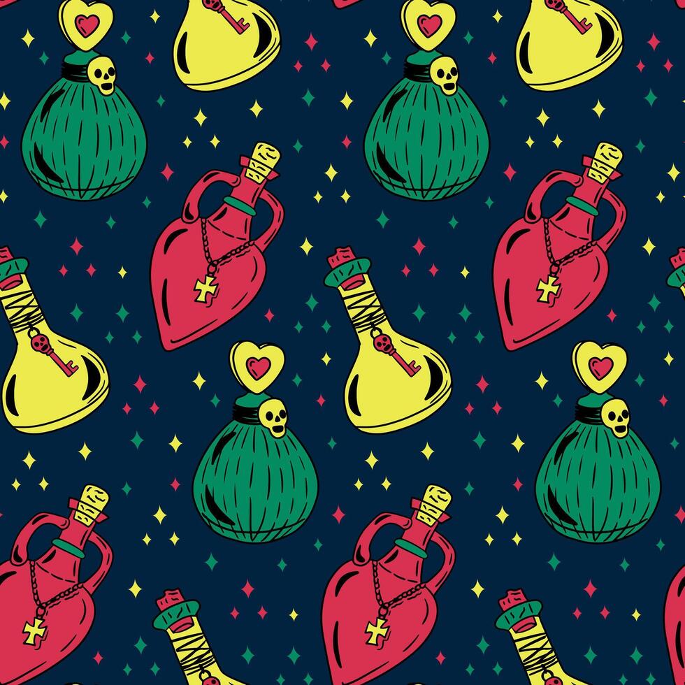 Flat bold potion bottle seamless pattern. Mystical and witch concept on dark background. Good for decoration on Halloween. Trendy print design for textile, wallpaper, wrapping, background vector