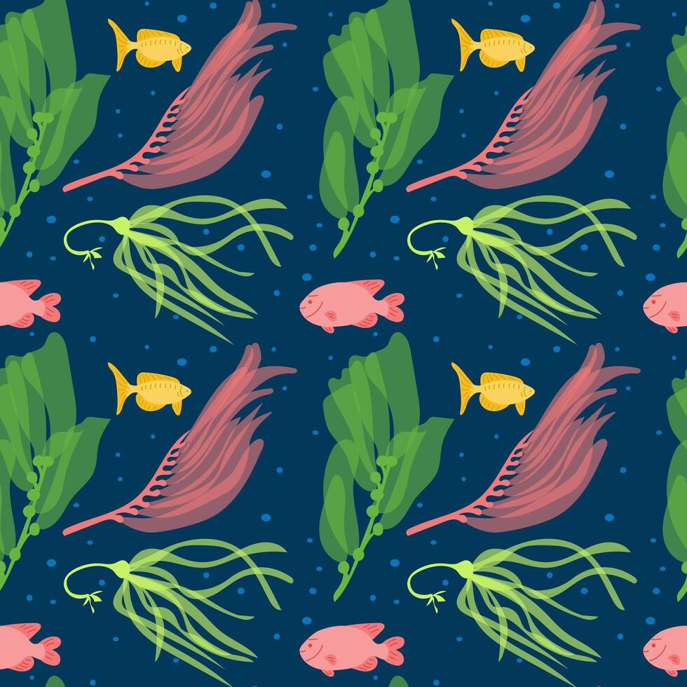 Flat seamless pattern with kelp and fish. Sea or underwater life concept. Flat hand drawn plant and fish on dark blue background. Trendy print design for textile, wallpaper, wrapping vector