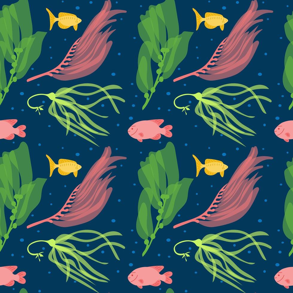 plano sin costura modelo con quelpo y pez. mar o submarino vida concepto. plano mano dibujado planta y pescado en oscuro azul antecedentes. de moda impresión diseño para textil, fondo de pantalla, envase vector