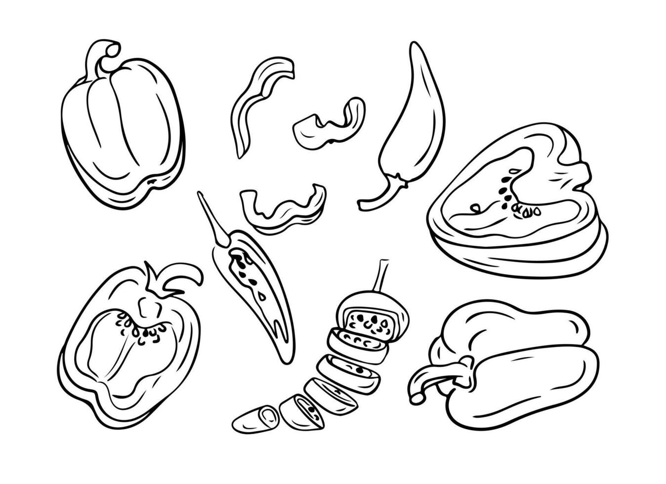 Black hand drawn sketchy set of bell pepper. Doodle contour whole and cut vegetables for healthy eating on white background. Ideal for coloring pages, tattoo, pattern vector