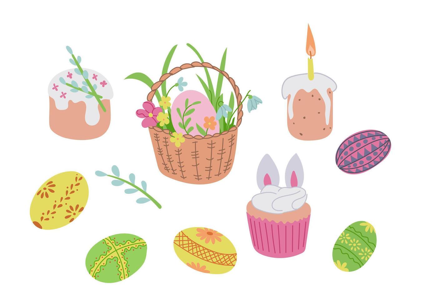 Easter collection with Easter eggs and traditional food. Spring concept. Sketchy hand drawn elements on white background. Ideal for decoration, stickers, greetings, banner and background vector