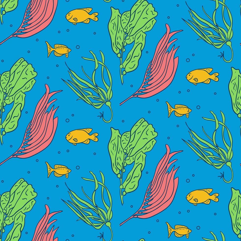 Flat seamless pattern with outline kelp and fish. Flat hand drawn plant and fish on blue background. Sea or underwater life concept. Trendy print design for textile, wallpaper, wrapping vector