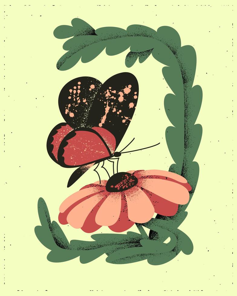 texturizado moderno póster con flor y mariposa. plano botánico composición en grabado técnica con grunge textura y arañazos ideal para hogar decoración, carteles, t camisa impresión vector