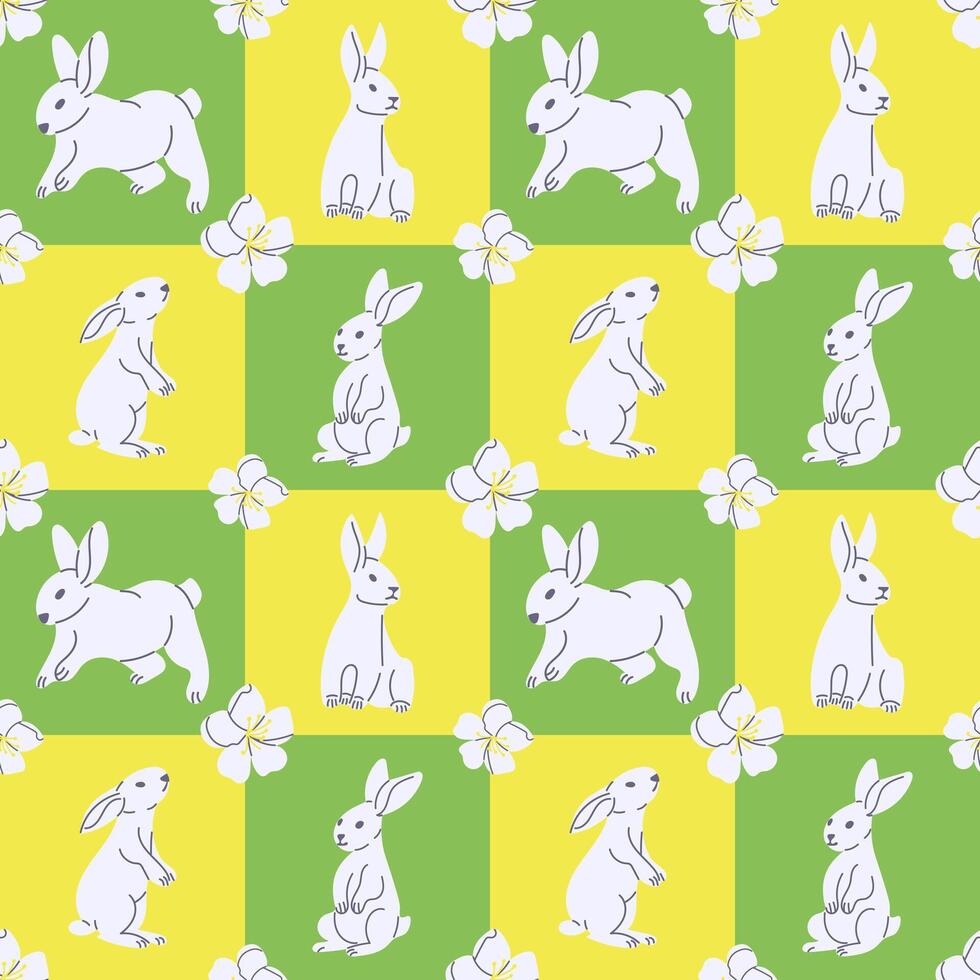 Spring pattern with squares shapes and bunnies. Flat hand drawn white bunny and flowers in contrast squares. Unique retro print design for textile, wallpaper, interior, wrapping vector