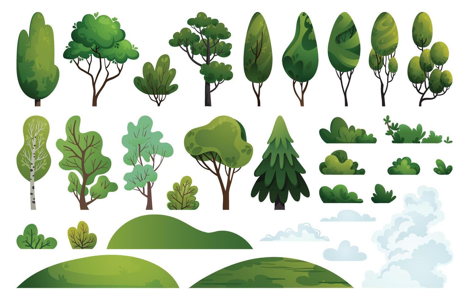 Summer landscape constructor kit. Collection with green hills, meadows, trees, shrubs, and clouds. Forest nature elements on a white background for banners, cards, stickers, packages, and web design. vector