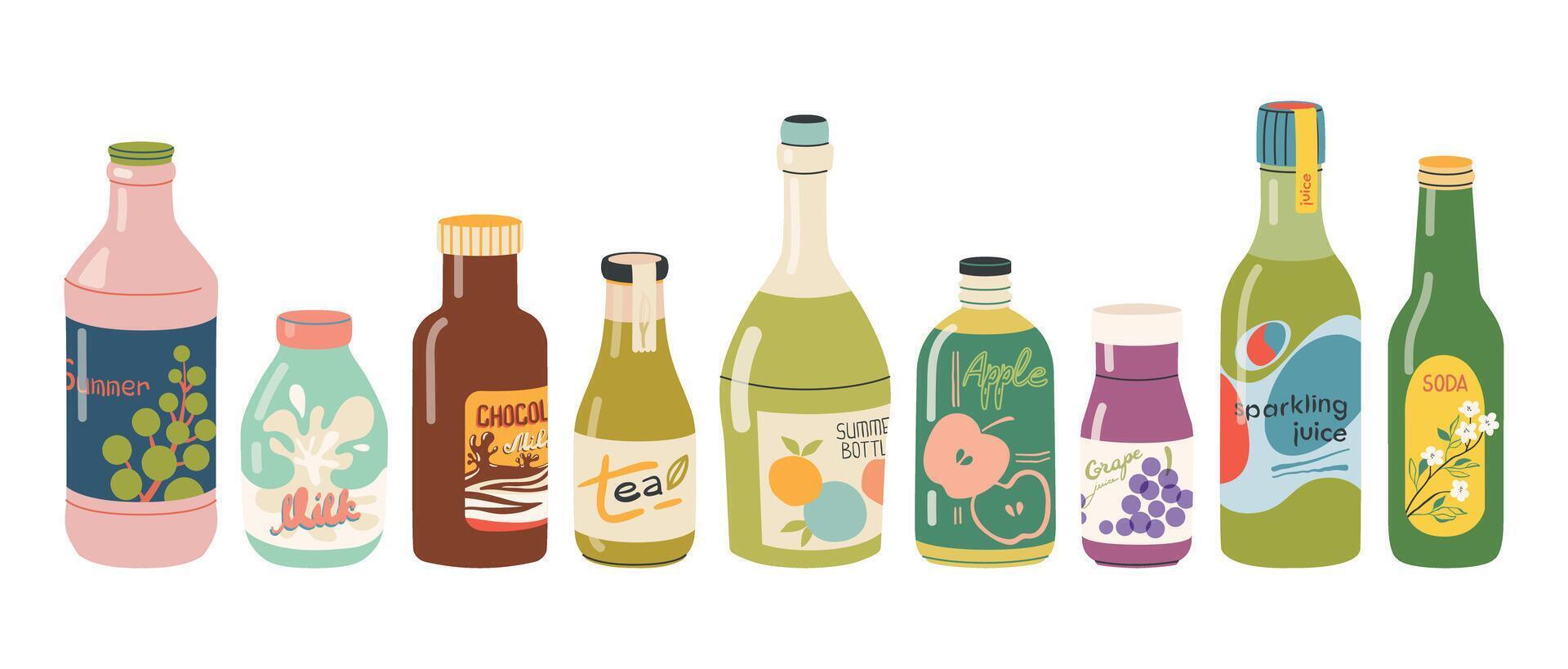 Drinks in glass bottles set. Fruit juices, soda water, tea, sweet sparkling water, chocolate milk, and other cold summer beverages. Flat vector hand drawn illustration on a white background.