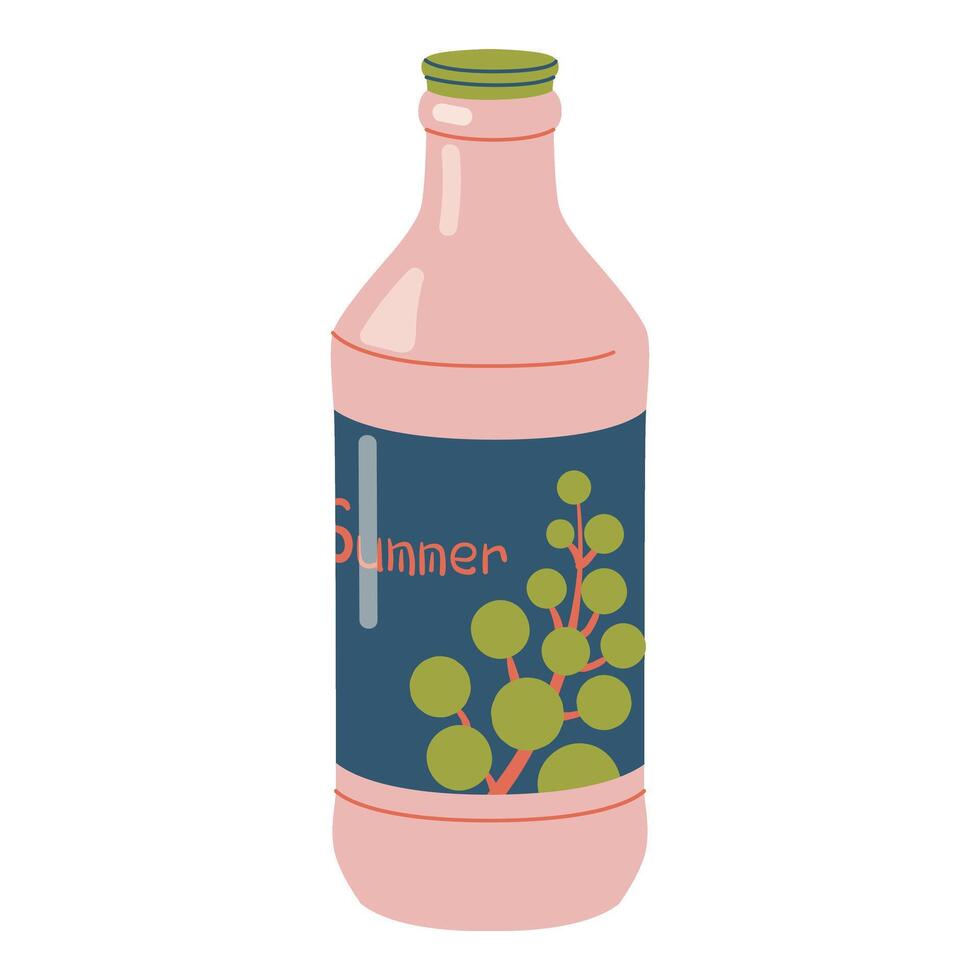 Cooling summer drink in glass bottle concept. Soda, fruit juice, or cocktail beverage in cartoon style. Healthy organic refreshment. Flat vector illustration isolated on white background.