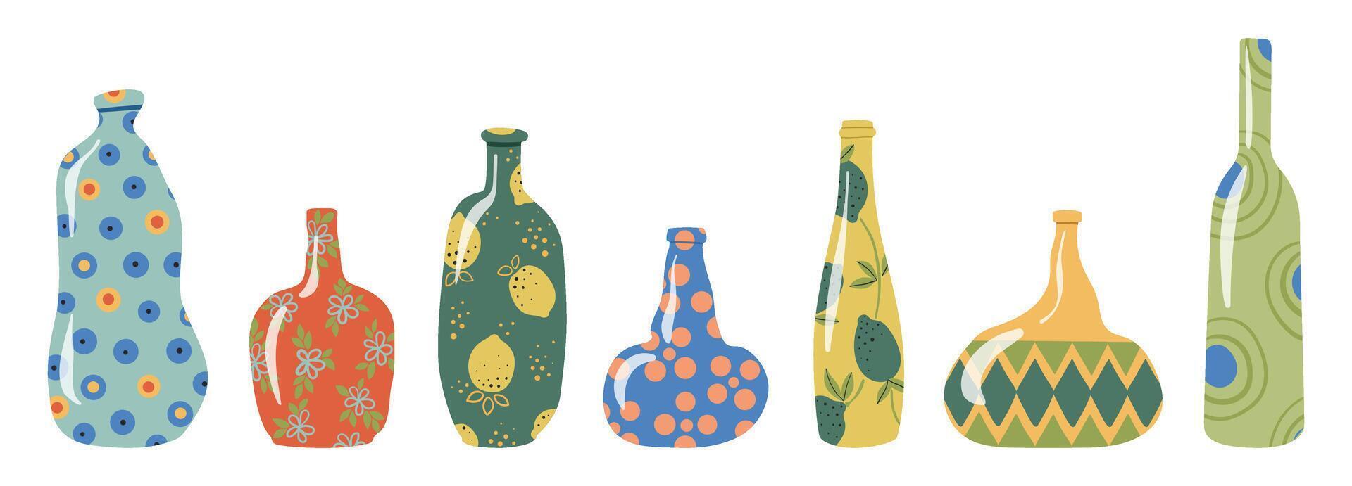 Abstract ornamental bottles and vases vector set. Collection of modern curved colorful bottles, decorated vases, and pitchers. Vector icons illustration isolated on a white background.