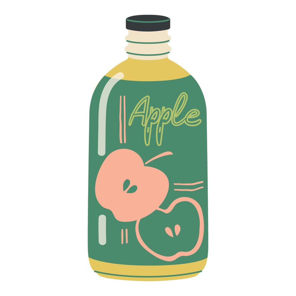 Apple juice in bottle. Cold summer drink, apple nectar, or soda beverage. Glass bottle of summer refreshment. Healthy organic fruity water. Flat vector illustration isolated on white background.