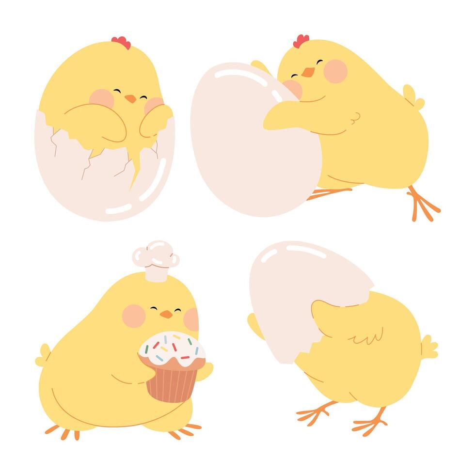 Cute cartoon chicken set. Easter yellow chicks hatched from eggs. Funny baby farm bird characters. Vector illustration isolated on a white background for Easter cards, banners, and stickers.