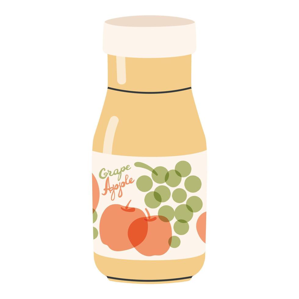 Grape and apple juice bottles. Vector hand drawn cartoon fruit drink bottle illustration on a white background. Helpful organic fruity water. Glass bottle of summer refreshment.