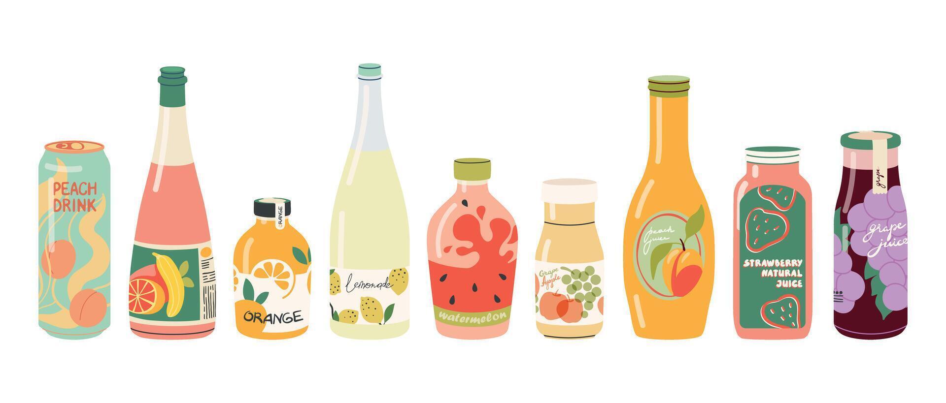 Cold drinks in glass bottles and can set. Fruit juices, soda water, sweet sparkling water, lemonades, and other cold summer beverages. Flat vector hand-drawn illustration on a white background.