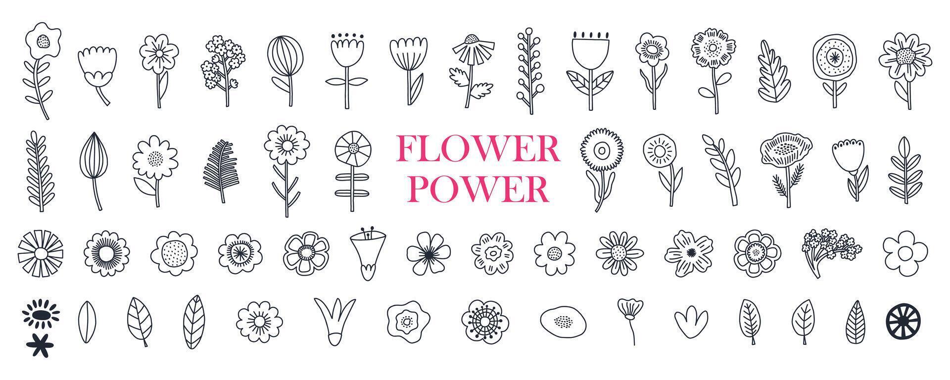 Floral doodle big set with black flowers, leaves, geometric elements. Botanical modern hand drawn sketch. Silhouette vector icon