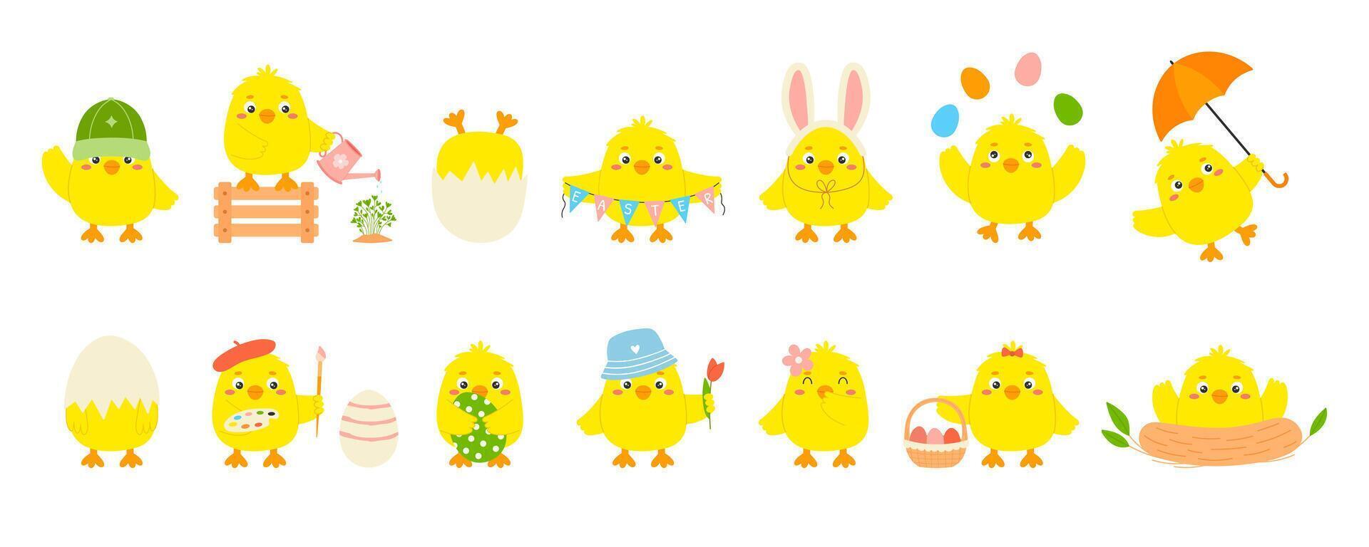 Funny easter yellow chick character set. Cute baby chickens in various poses. Little baby farm birds collection. Hand drawn vector illustration
