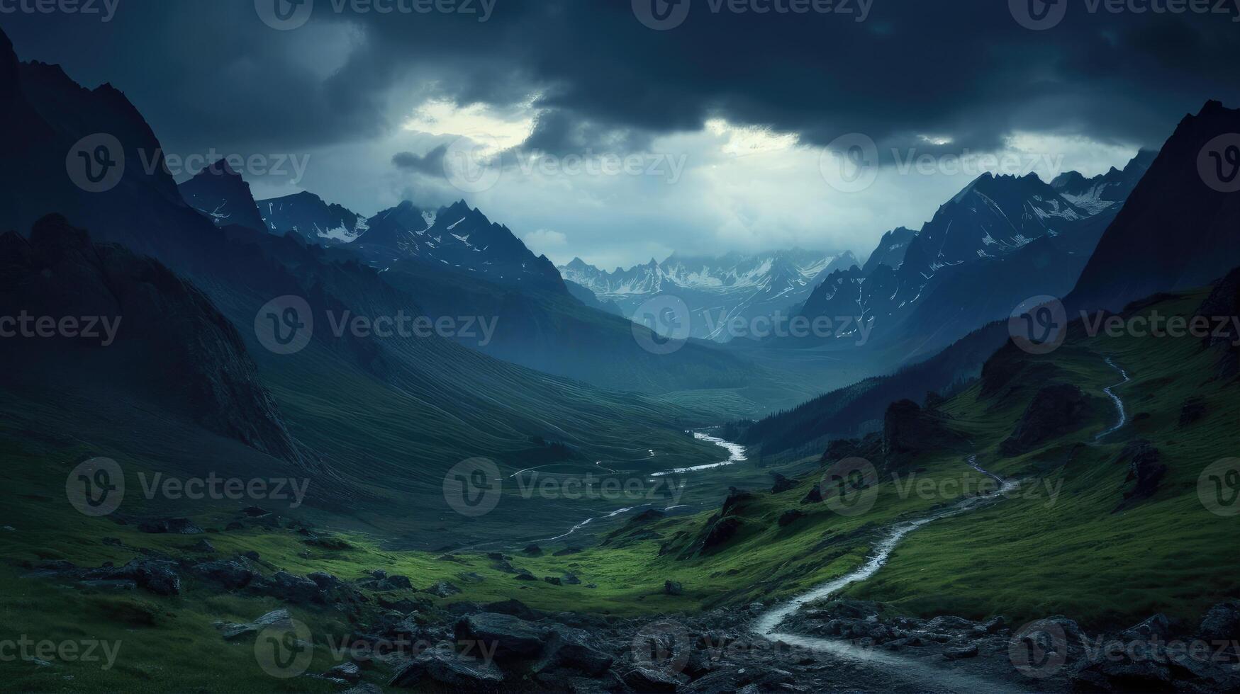 AI generated Mystical mountain landscape with winding road through the valley. High quality photo