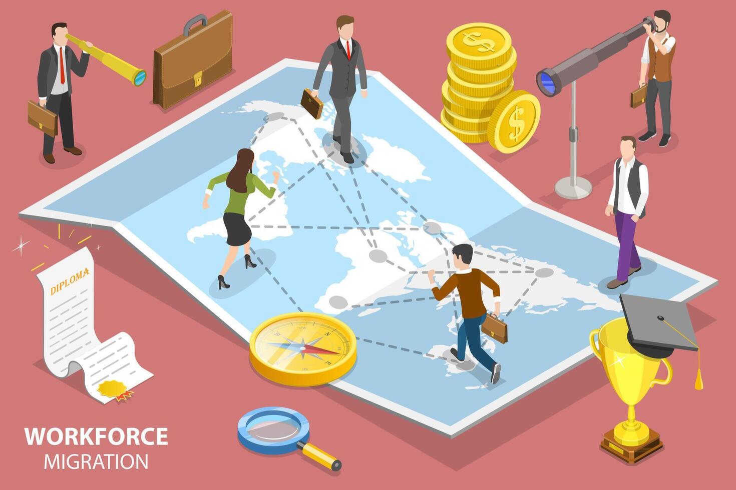 3D Isometric Flat Vector Conceptual Illustration of Workforce Migration.