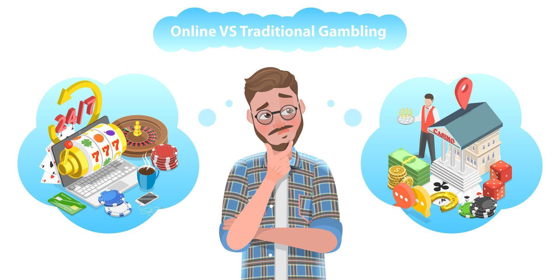 3D Isometric Flat Vector Conceptual Illustration of Online Gambling vs Offline Gambling