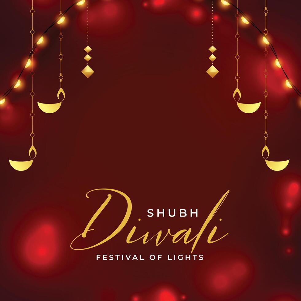 shiny red background with hanging diya for shubh diwali celebration vector