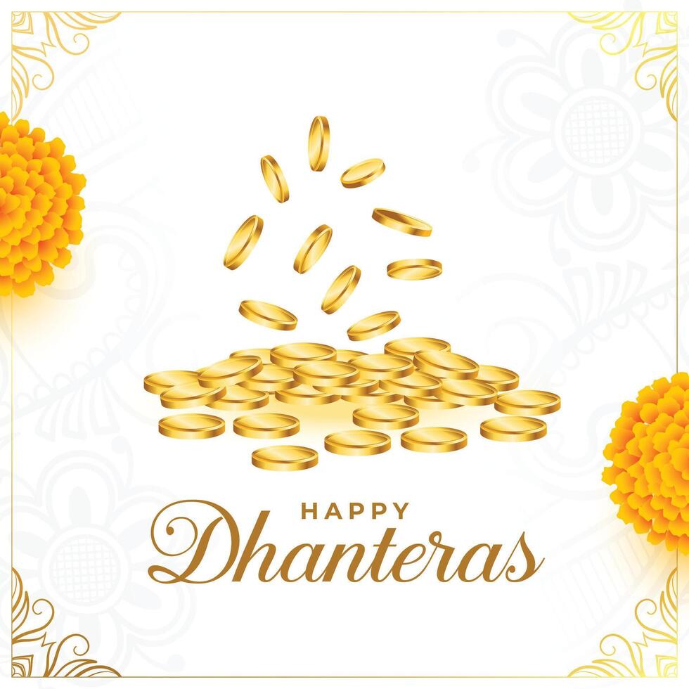 happy dhanteras event background with golden coin and marigold flower vector