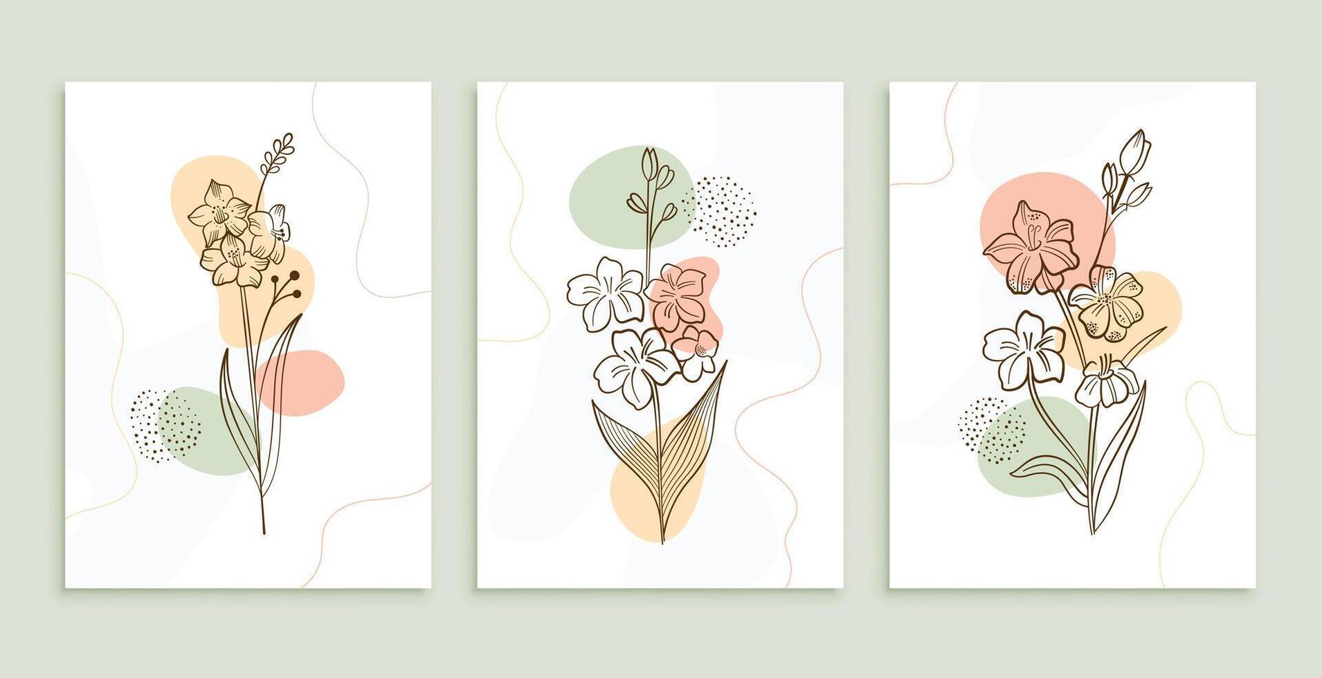doodle style botanical leaves and flower poster in set vector