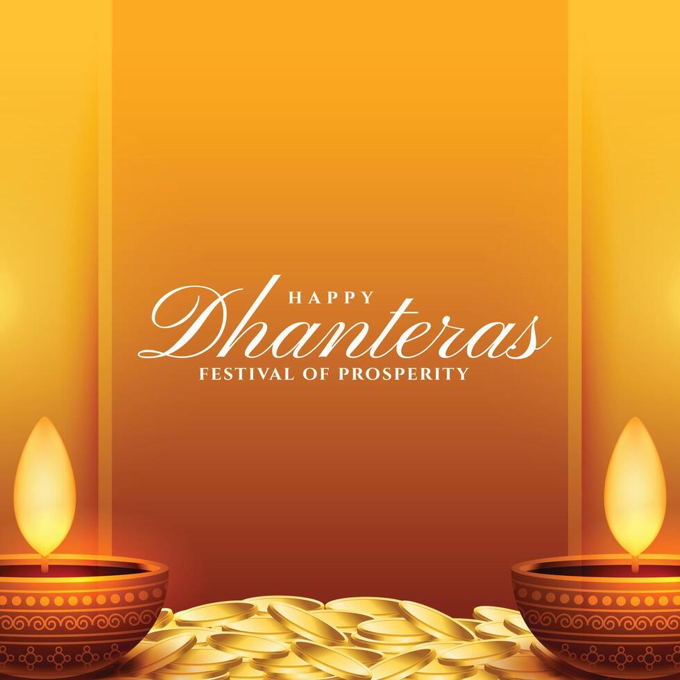 elegante contento Dhanteras saludo tarjeta con brillante diya y dorado moneda vector