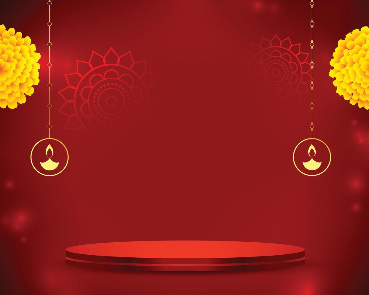 traditional shubh diwali red background with 3d podium and floral design vector