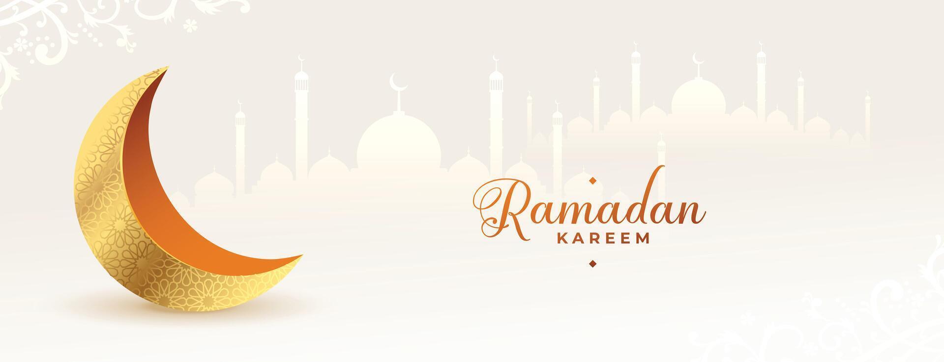 white ramadan kareem banner with golden moon in 3d vector