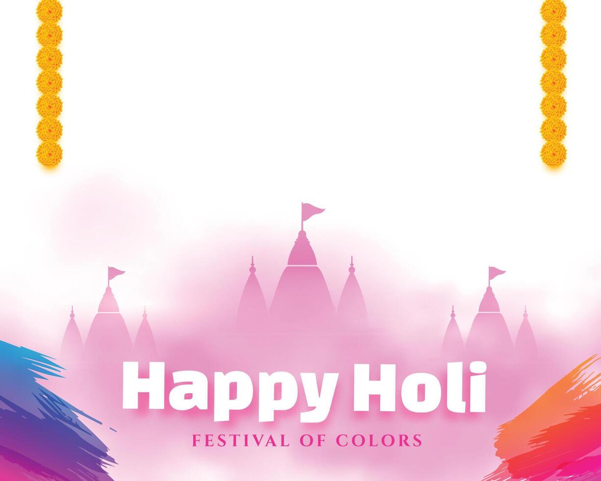 colorful holi festival card design with flowers and temples vector