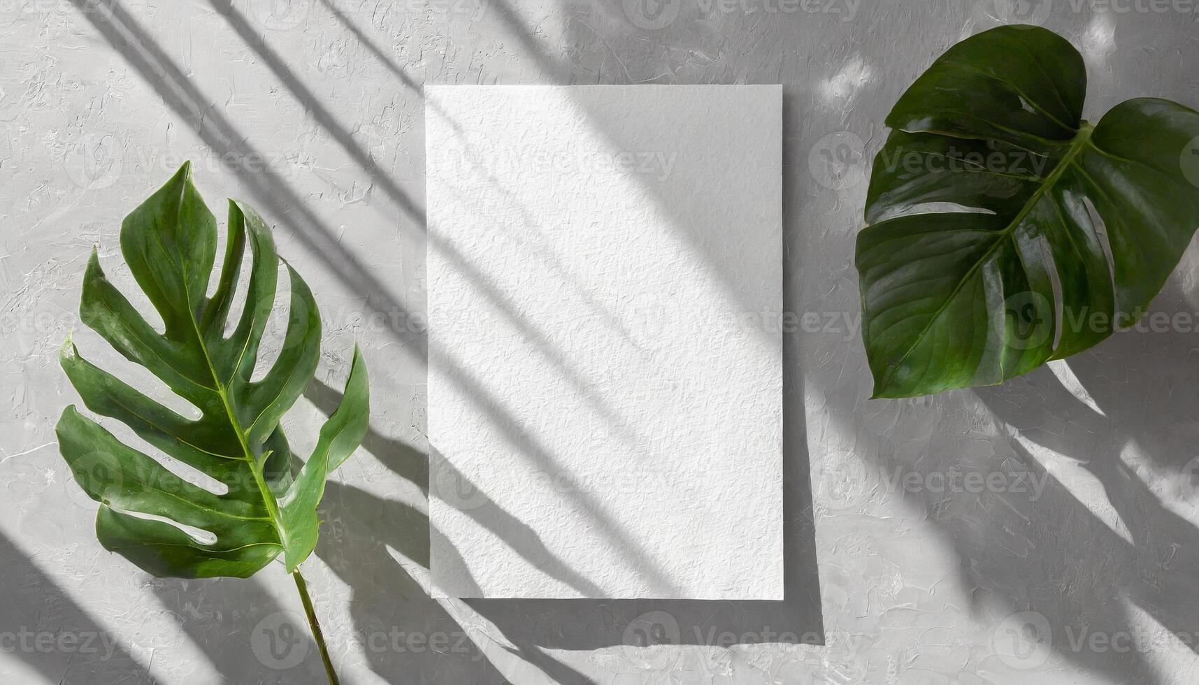 AI generated vertical sheets of textured white paper against a soft gray table background. the natural light creates subtle shadows from an exotic plant, enhancing the mockup overlay in a horizontal photo