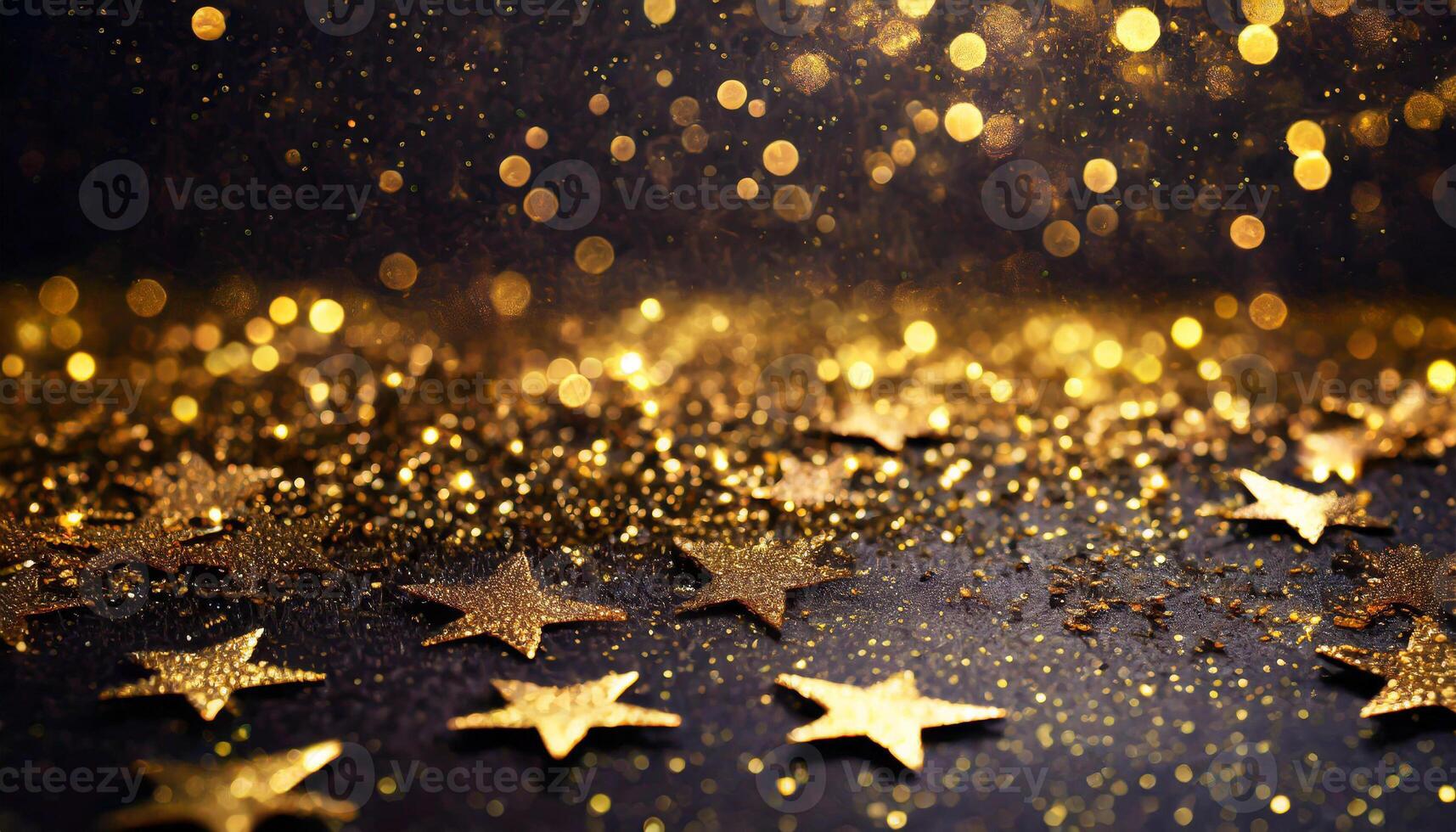 AI generated Abstract festive dark background with gold stars and glitter New year birthday holidays celebration photo